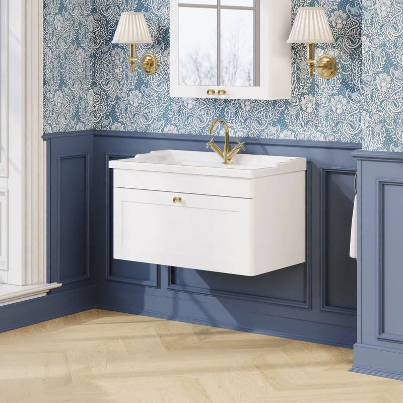Classique 800mm Wall Hung Vanity Unit With 1 Drawer With Traditional Basin - Satin White