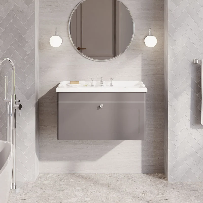 Classique 800mm Wall Hung Vanity Unit With 1 Drawer With Traditional Basin - Satin Grey