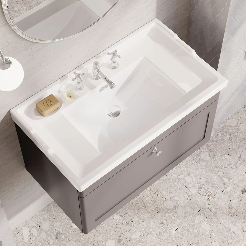 Classique 800mm Wall Hung Vanity Unit With 1 Drawer With Traditional Basin - Satin Grey