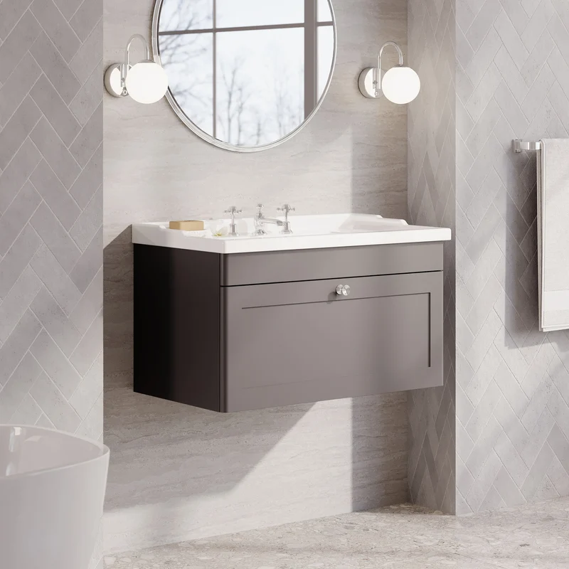 Classique 800mm Wall Hung Vanity Unit With 1 Drawer With Traditional Basin - Satin Grey