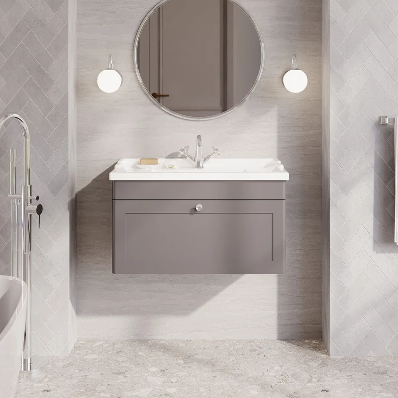 Classique 800mm Wall Hung Vanity Unit With 1 Drawer With Traditional Basin - Satin Grey