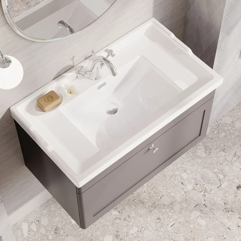Classique 800mm Wall Hung Vanity Unit With 1 Drawer With Traditional Basin - Satin Grey