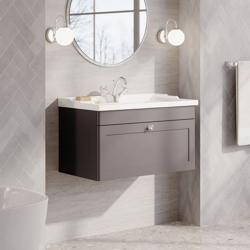 Classique 800mm Wall Hung Vanity Unit With 1 Drawer With Traditional Basin - Satin Grey