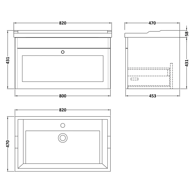 Classique 800mm Wall Hung Vanity Unit With 1 Drawer With Traditional Basin - Satin Grey