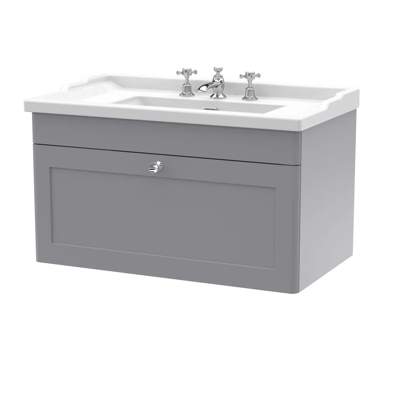 Classique 800mm Wall Hung Vanity Unit With 1 Drawer With Traditional Basin - Satin Grey