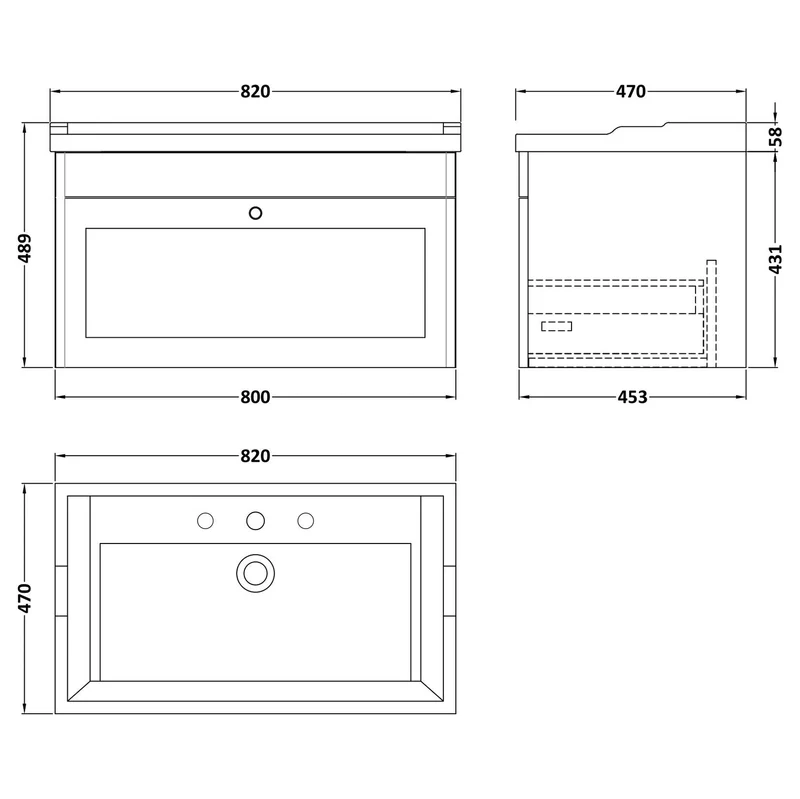 Classique 800mm Wall Hung Vanity Unit With 1 Drawer With Traditional Basin - Satin Grey