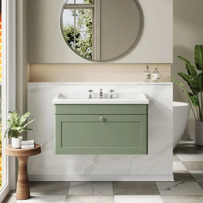 Classique 800mm Wall Hung Vanity Unit With 1 Drawer With Traditional Basin - Satin Green