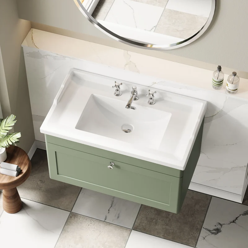 Classique 800mm Wall Hung Vanity Unit With 1 Drawer With Traditional Basin - Satin Green