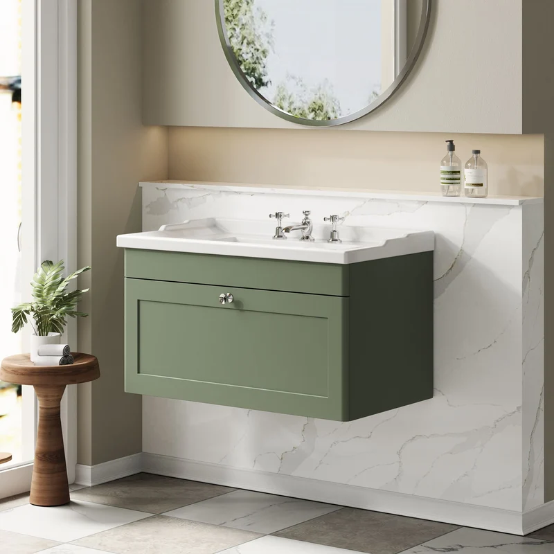 Classique 800mm Wall Hung Vanity Unit With 1 Drawer With Traditional Basin - Satin Green