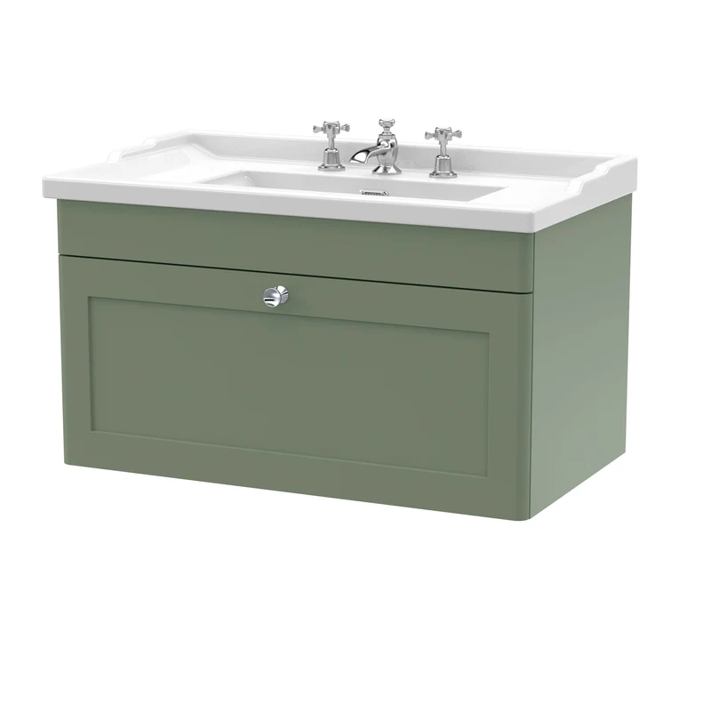 Classique 800mm Wall Hung Vanity Unit With 1 Drawer With Traditional Basin - Satin Green