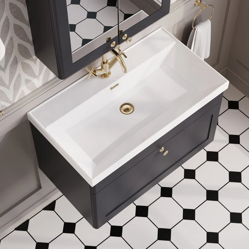 Classique 800mm Wall Hung Vanity Unit With 1 Drawer With Thin Edge Ceramic Basin - Satin Soft Black