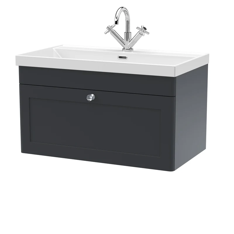 Classique 800mm Wall Hung Vanity Unit With 1 Drawer With Thin Edge Ceramic Basin - Satin Soft Black