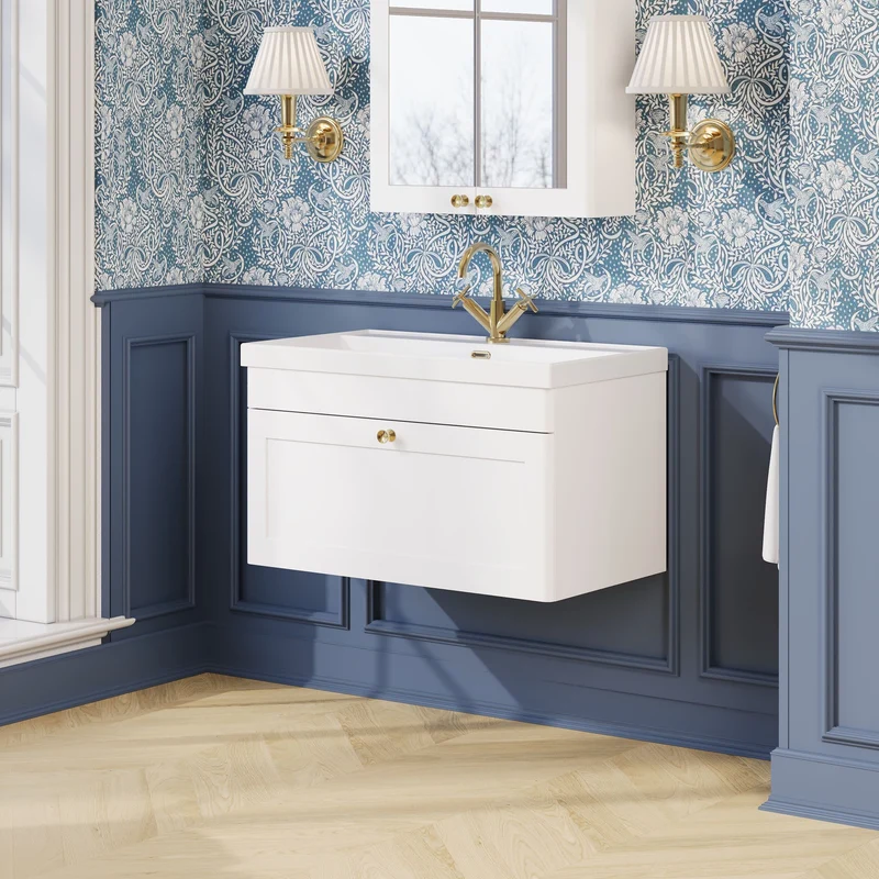 Classique 800mm Wall Hung Vanity Unit With 1 Drawer With Thin Edge Ceramic Basin - Satin White
