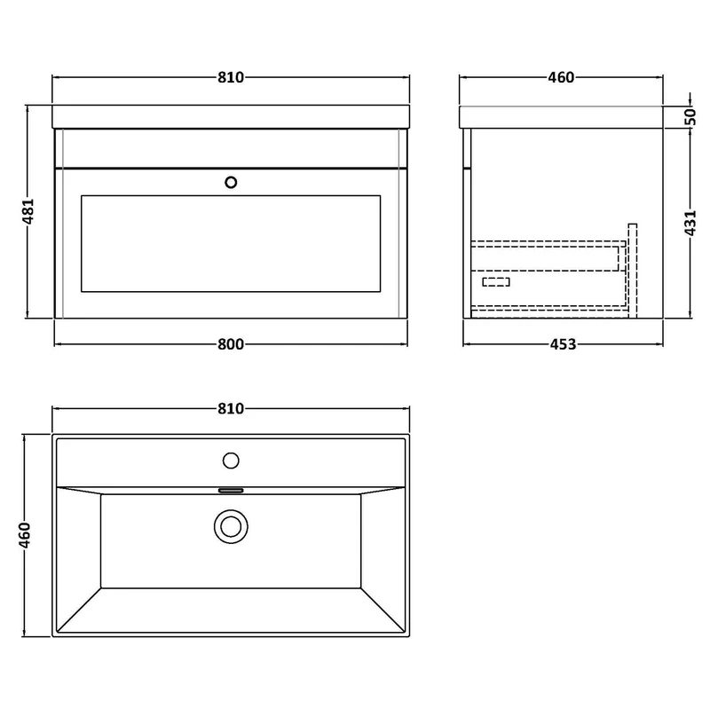 Classique 800mm Wall Hung Vanity Unit With 1 Drawer With Thin Edge Ceramic Basin - Satin White