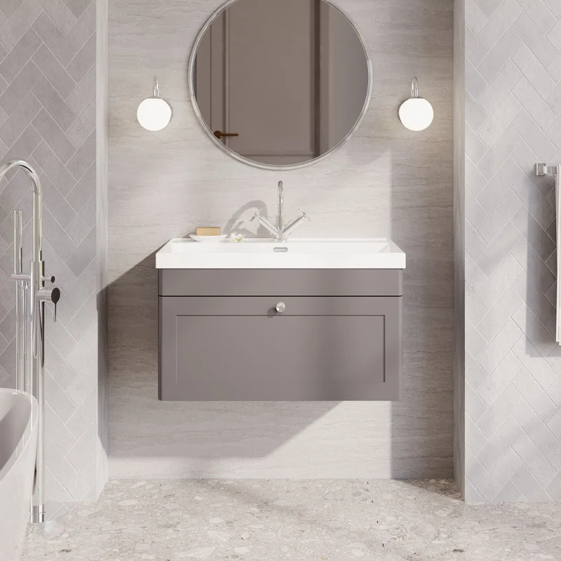 Classique 800mm Wall Hung Vanity Unit With 1 Drawer With Thin Edge Ceramic Basin - Satin Grey