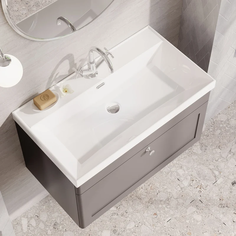 Classique 800mm Wall Hung Vanity Unit With 1 Drawer With Thin Edge Ceramic Basin - Satin Grey