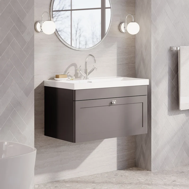 Classique 800mm Wall Hung Vanity Unit With 1 Drawer With Thin Edge Ceramic Basin - Satin Grey