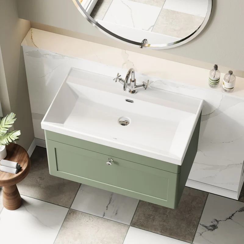 Classique 800mm Wall Hung Vanity Unit With 1 Drawer With Thin Edge Ceramic Basin - Satin Green