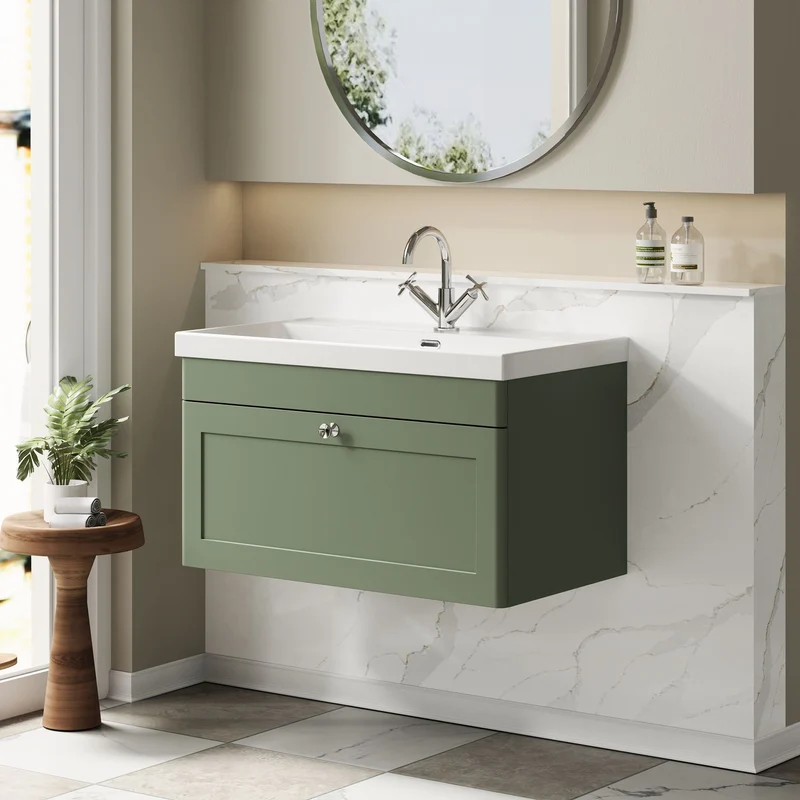 Classique 800mm Wall Hung Vanity Unit With 1 Drawer With Thin Edge Ceramic Basin - Satin Green