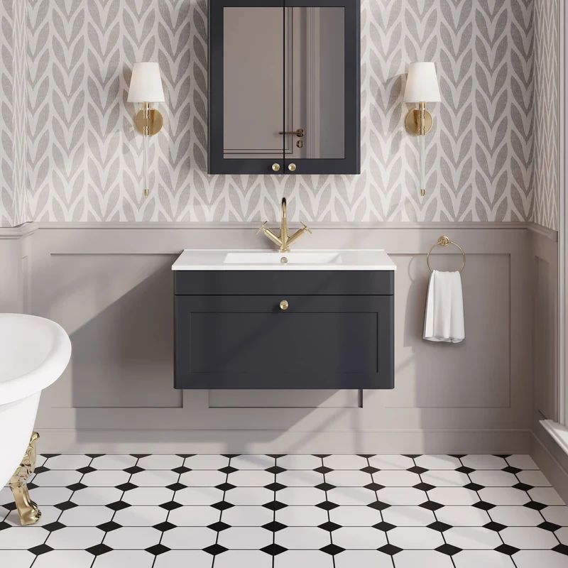 Classique 800mm Wall Hung Vanity Unit With 1 Drawer With Minimalist Ceramic Basin - Satin Soft Black