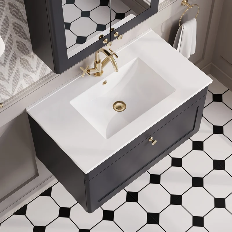 Classique 800mm Wall Hung Vanity Unit With 1 Drawer With Minimalist Ceramic Basin - Satin Soft Black