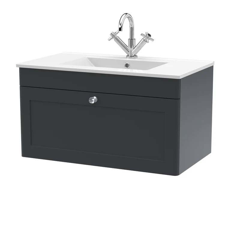 Classique 800mm Wall Hung Vanity Unit With 1 Drawer With Minimalist Ceramic Basin - Satin Soft Black