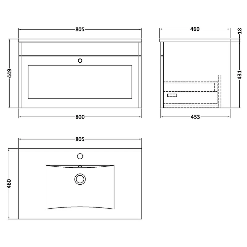 Classique 800mm Wall Hung Vanity Unit With 1 Drawer With Minimalist Ceramic Basin - Satin Soft Black