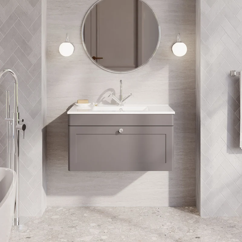 Classique 800mm Wall Hung Vanity Unit With 1 Drawer With Minimalist Ceramic Basin - Satin Grey