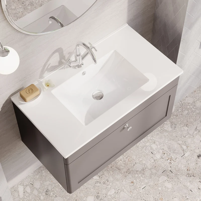Classique 800mm Wall Hung Vanity Unit With 1 Drawer With Minimalist Ceramic Basin - Satin Grey