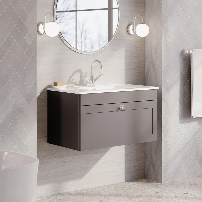 Classique 800mm Wall Hung Vanity Unit With 1 Drawer With Minimalist Ceramic Basin - Satin Grey
