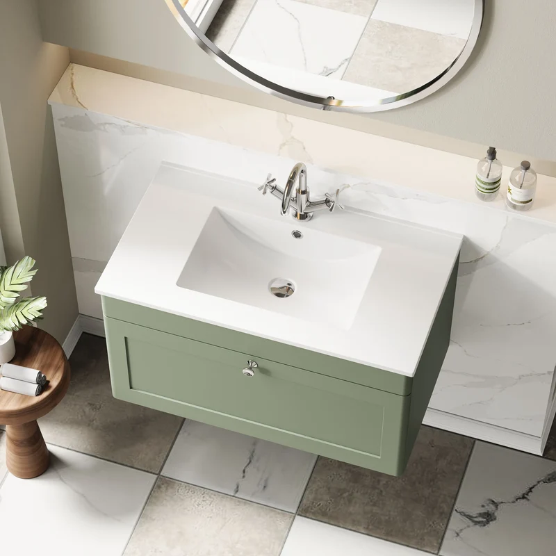 Classique 800mm Wall Hung Vanity Unit With 1 Drawer With Minimalist Ceramic Basin - Satin Green