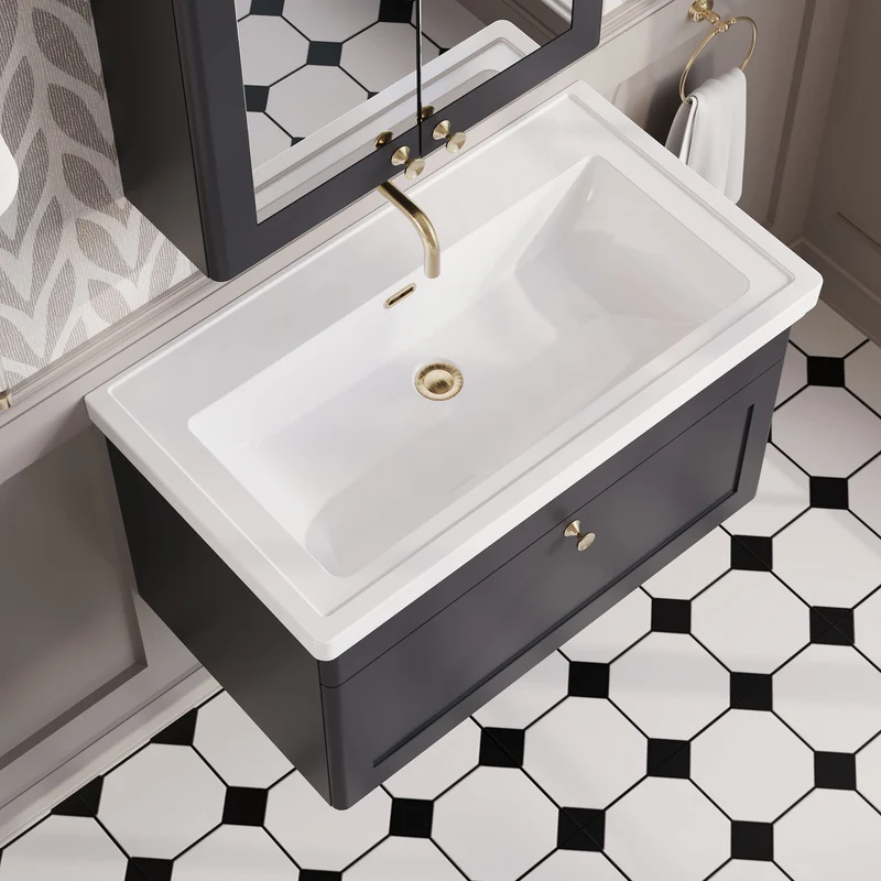 Classique 800mm Wall Hung Vanity Unit With 1 Drawer With Fireclay Basin - Satin Soft Black