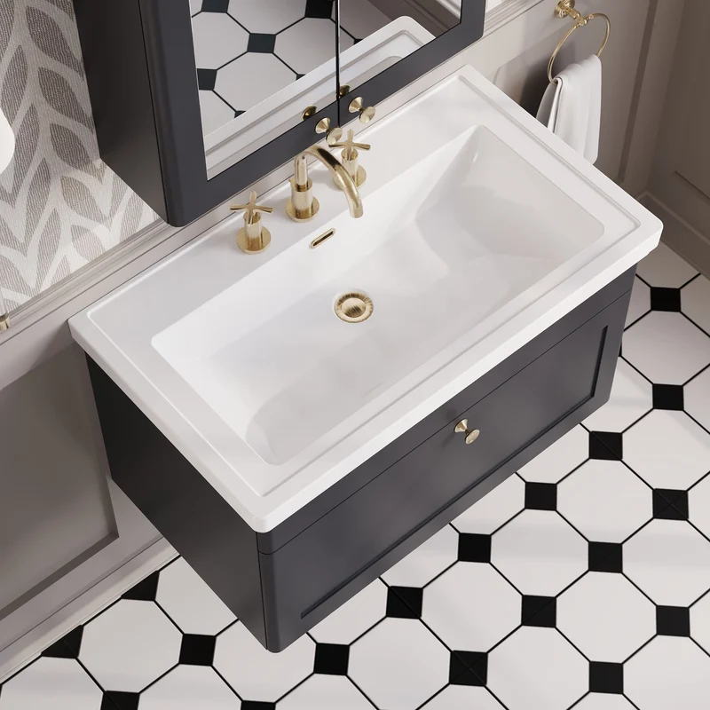 Classique 800mm Wall Hung Vanity Unit With 1 Drawer With Fireclay Basin - Satin Soft Black