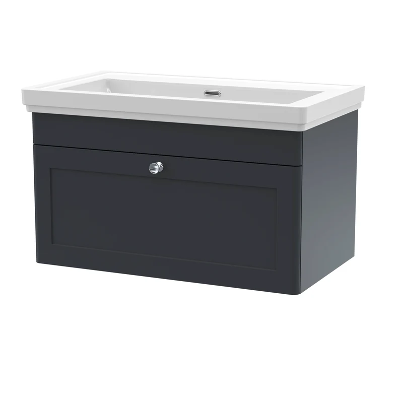 Classique 800mm Wall Hung Vanity Unit With 1 Drawer With Fireclay Basin - Satin Soft Black