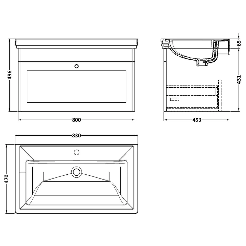 Classique 800mm Wall Hung Vanity Unit With 1 Drawer With Fireclay Basin - Satin Soft Black