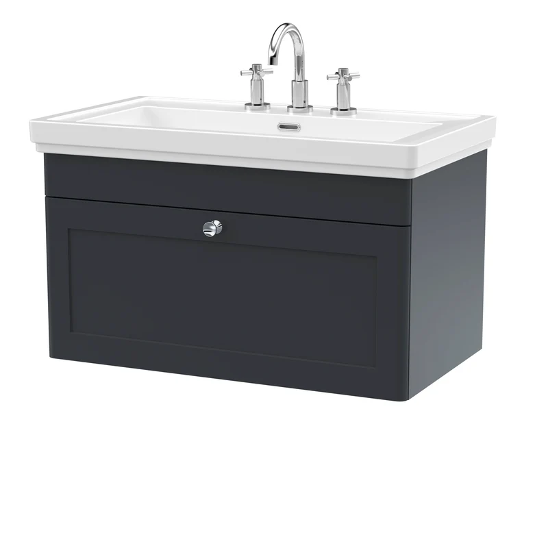 Classique 800mm Wall Hung Vanity Unit With 1 Drawer With Fireclay Basin - Satin Soft Black