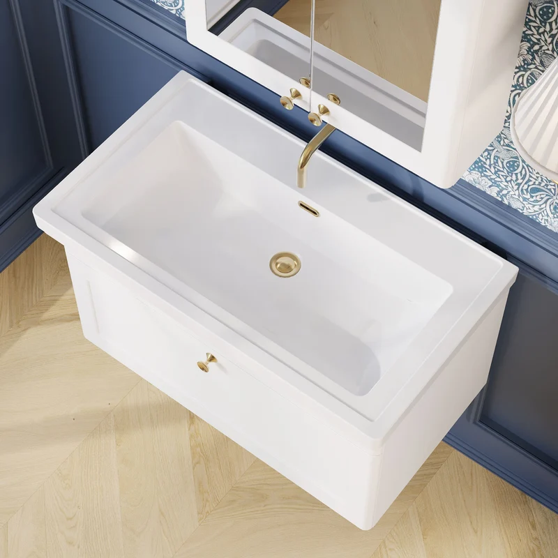 Classique 800mm Wall Hung Vanity Unit With 1 Drawer With Fireclay Basin - Satin White