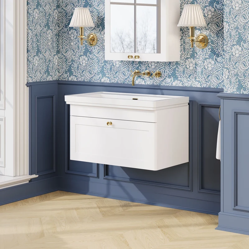 Classique 800mm Wall Hung Vanity Unit With 1 Drawer With Fireclay Basin - Satin White