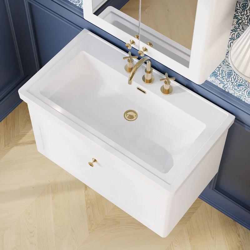 Classique 800mm Wall Hung Vanity Unit With 1 Drawer With Fireclay Basin - Satin White