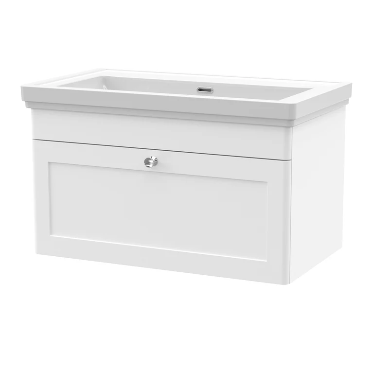Classique 800mm Wall Hung Vanity Unit With 1 Drawer With Fireclay Basin - Satin White
