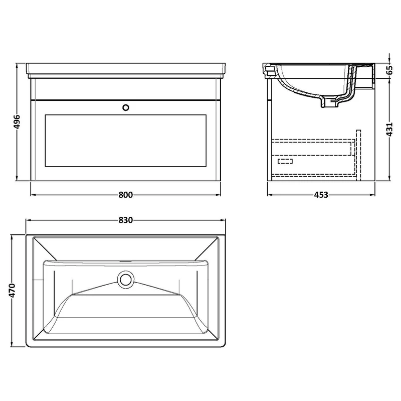 Classique 800mm Wall Hung Vanity Unit With 1 Drawer With Fireclay Basin - Satin White