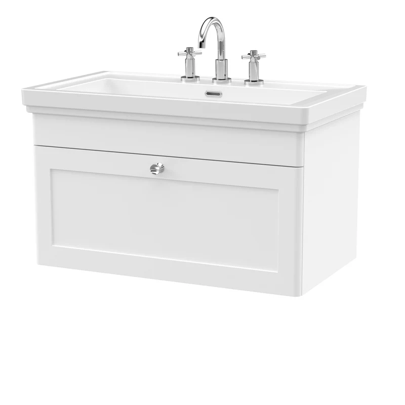 Classique 800mm Wall Hung Vanity Unit With 1 Drawer With Fireclay Basin - Satin White