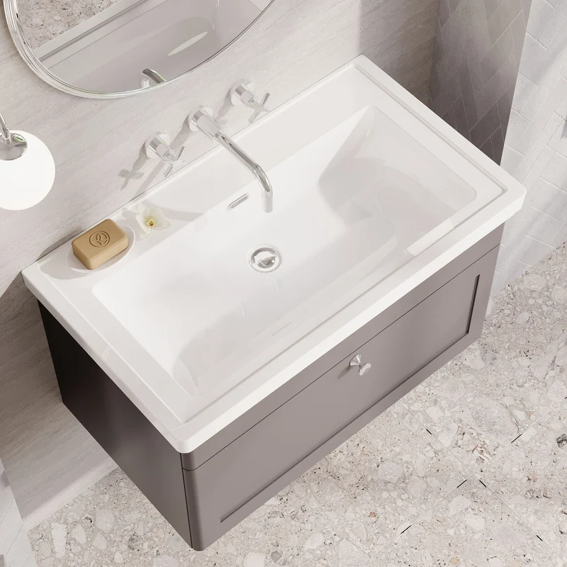 Classique 800mm Wall Hung Vanity Unit With 1 Drawer With Fireclay Basin - Satin Grey