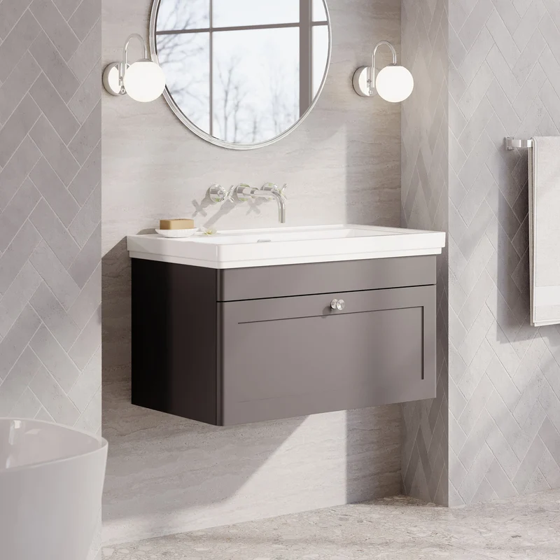 Classique 800mm Wall Hung Vanity Unit With 1 Drawer With Fireclay Basin - Satin Grey