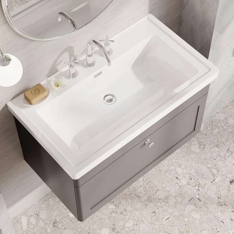 Classique 800mm Wall Hung Vanity Unit With 1 Drawer With Fireclay Basin - Satin Grey