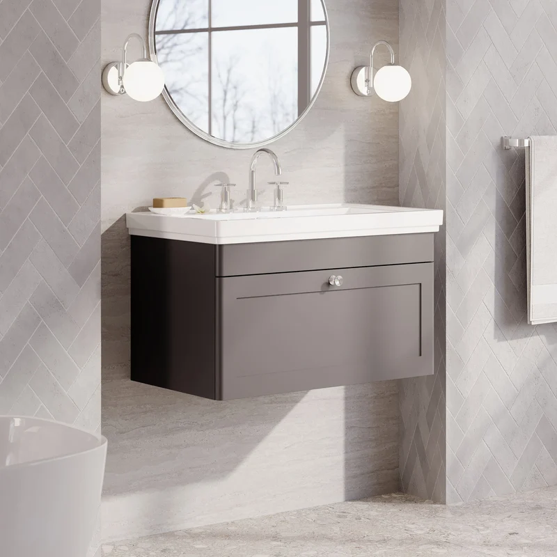 Classique 800mm Wall Hung Vanity Unit With 1 Drawer With Fireclay Basin - Satin Grey