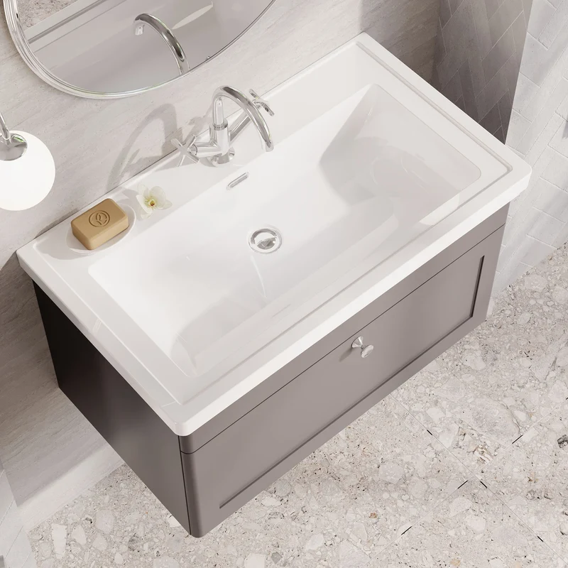 Classique 800mm Wall Hung Vanity Unit With 1 Drawer With Fireclay Basin - Satin Grey