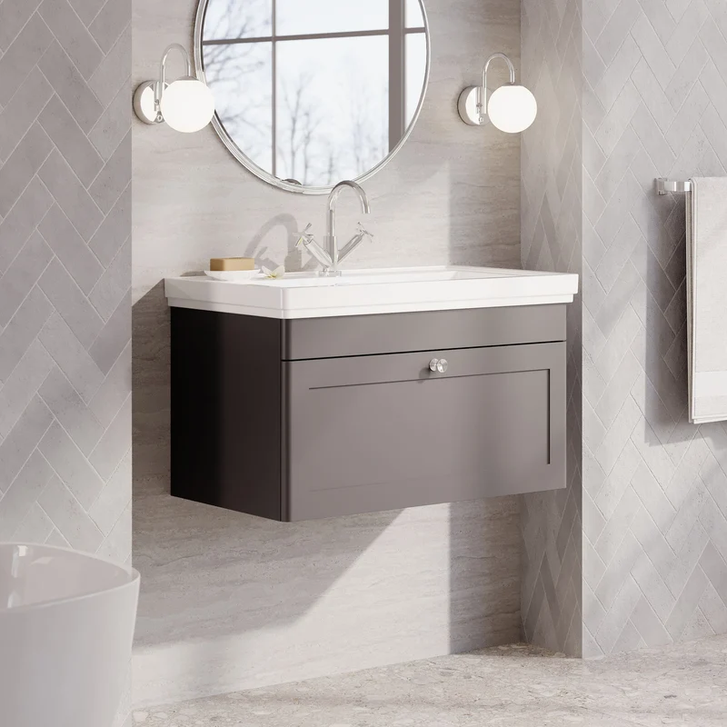 Classique 800mm Wall Hung Vanity Unit With 1 Drawer With Fireclay Basin - Satin Grey