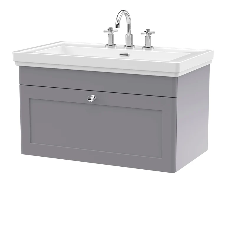 Classique 800mm Wall Hung Vanity Unit With 1 Drawer With Fireclay Basin - Satin Grey