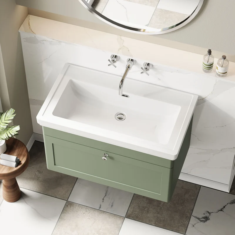 Classique 800mm Wall Hung Vanity Unit With 1 Drawer With Fireclay Basin - Satin Green